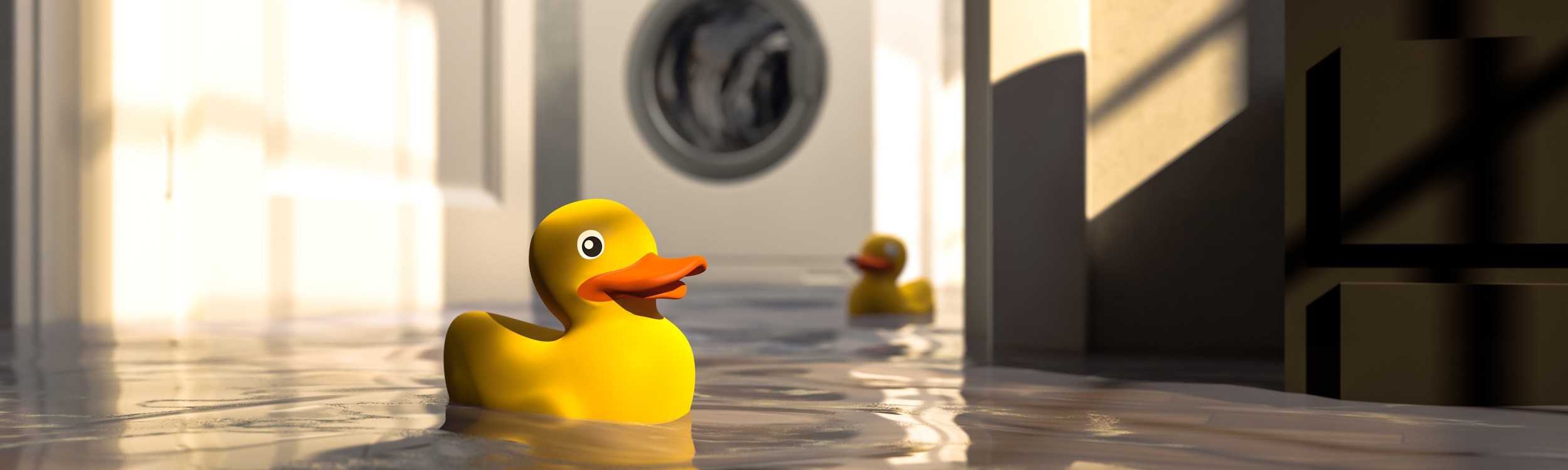 rubber duck floating in flooded home